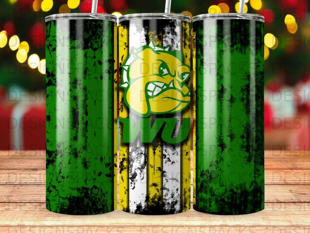 Green and yellow striped tumbler with a bull mascot logo.