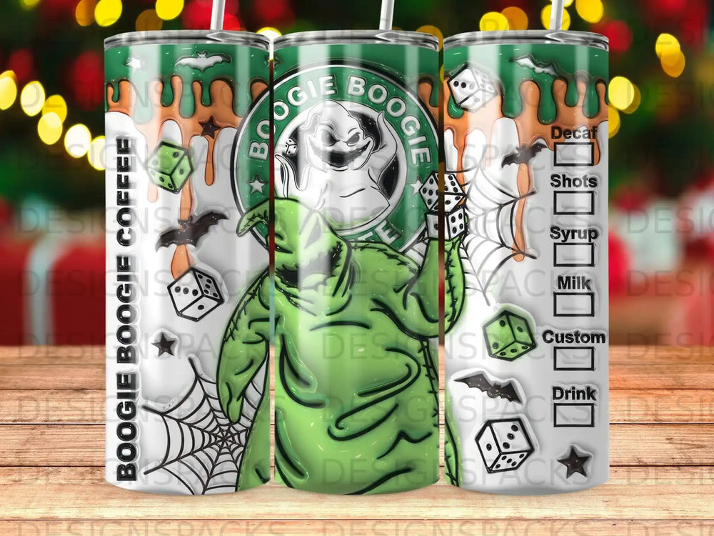 Green spooky tumbler with "Boogie Oogie Coffee" text, ghost, dice, and bats.