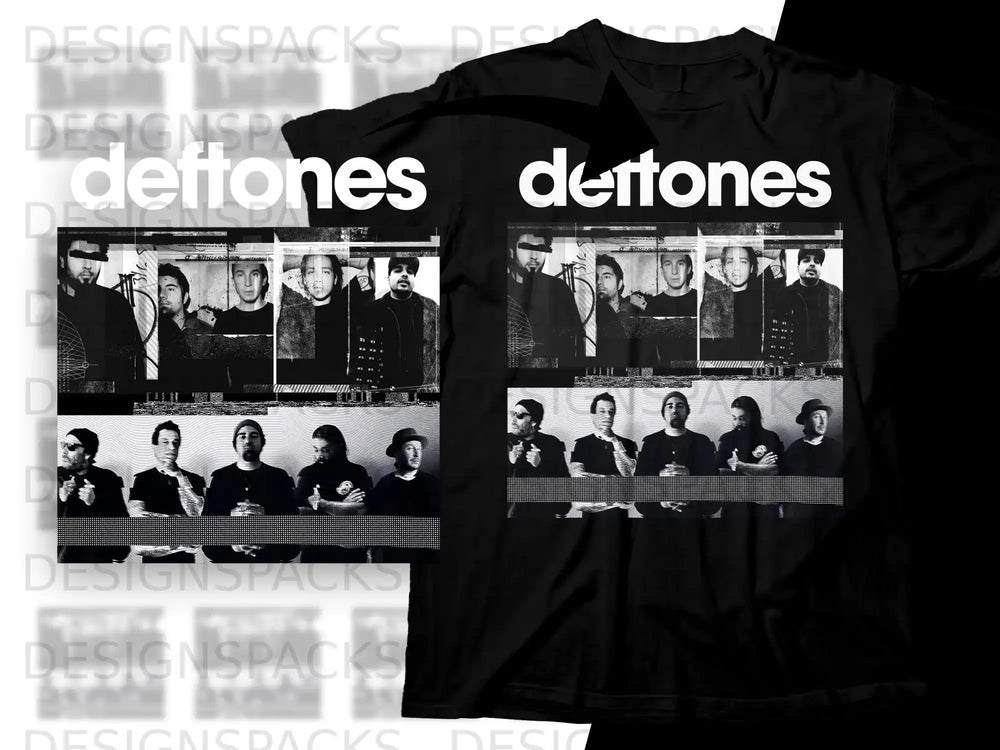 Deftones band portrait collage on a black t-shirt.