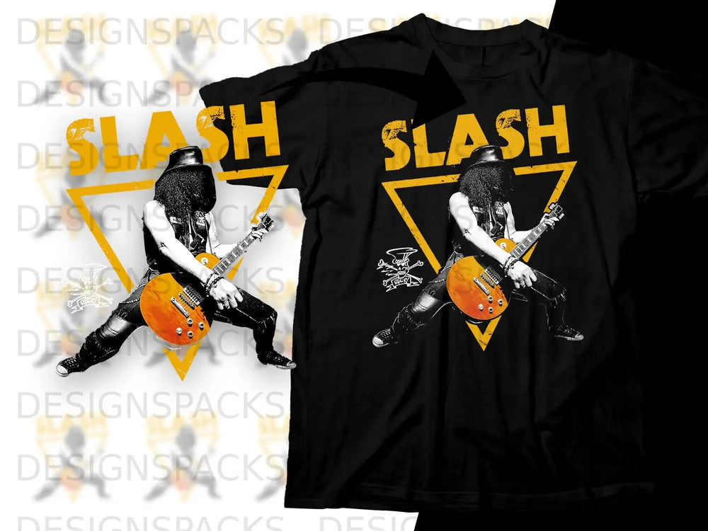 Black t-shirt with Slash playing guitar inside a yellow triangle.