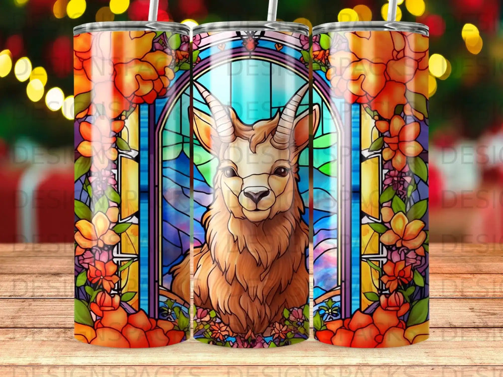 Brown llama with floral stained glass in the background.