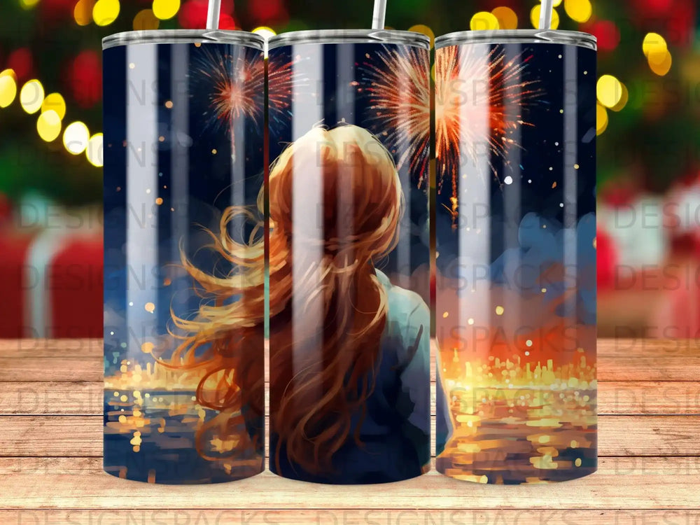 Woman watches fireworks over a sparkling cityscape at night.