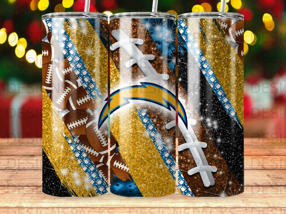 Los Angeles Chargers football tumbler with glitter and lightning bolt design.