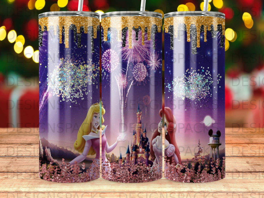 Glittering fireworks over a fantasy castle with Aurora and King Kong.