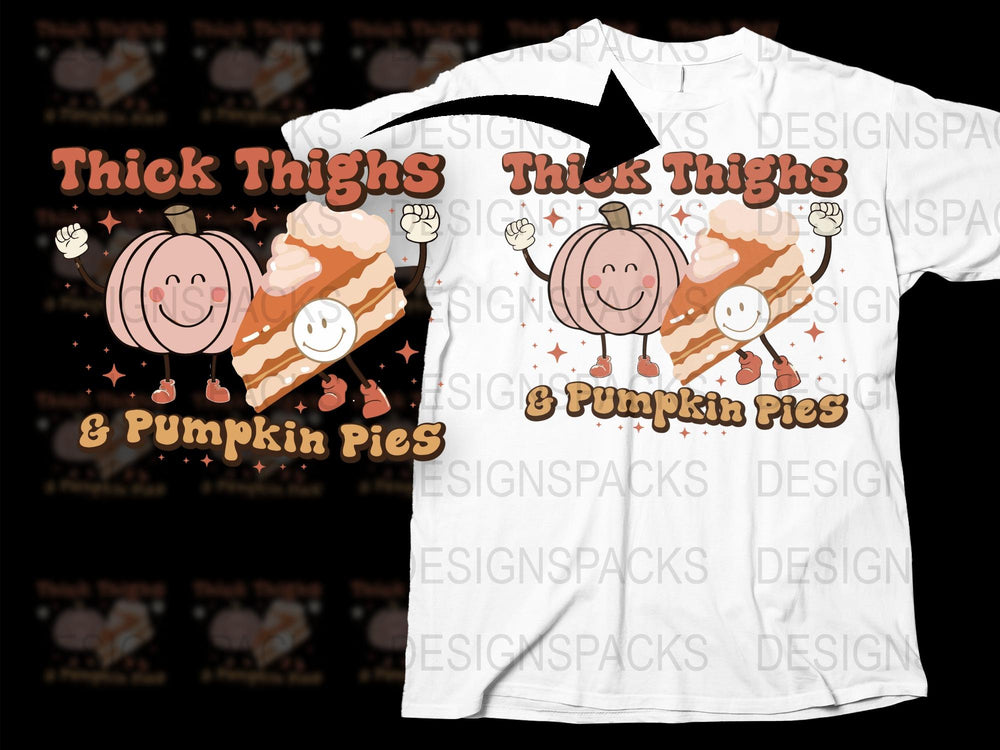 Thick Thighs and Pumpkin Pies T-Shirt, Funny Fall Graphic Tee, Cute Autumn Casual Wear for Women and Men.