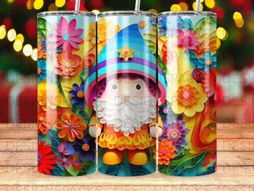 Gnome wearing a striped hat, surrounded by colorful paper flowers.
