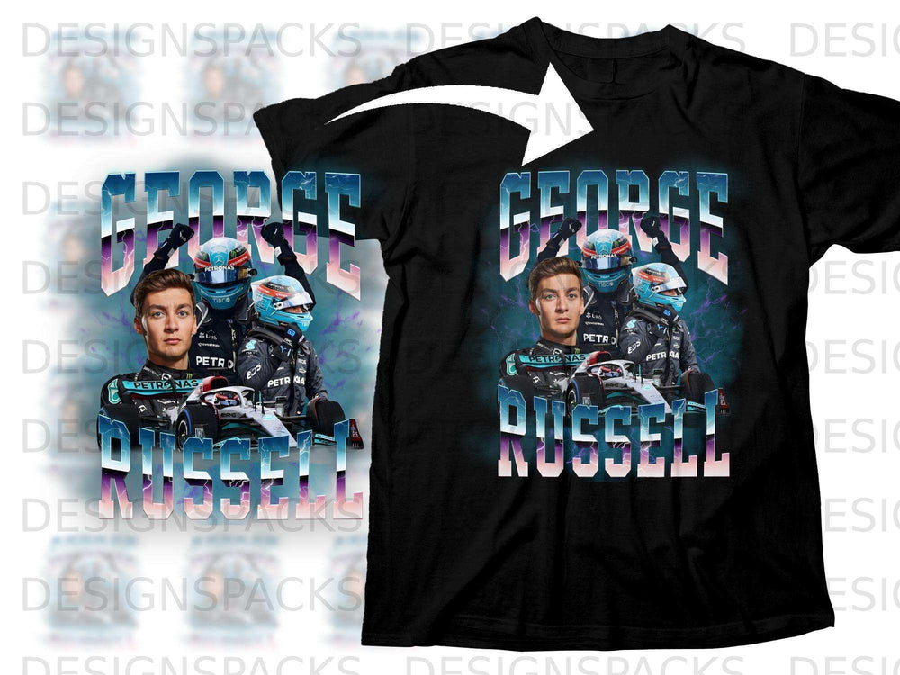 Black t-shirt featuring George Russell with a Formula 1 car and sponsor logos.