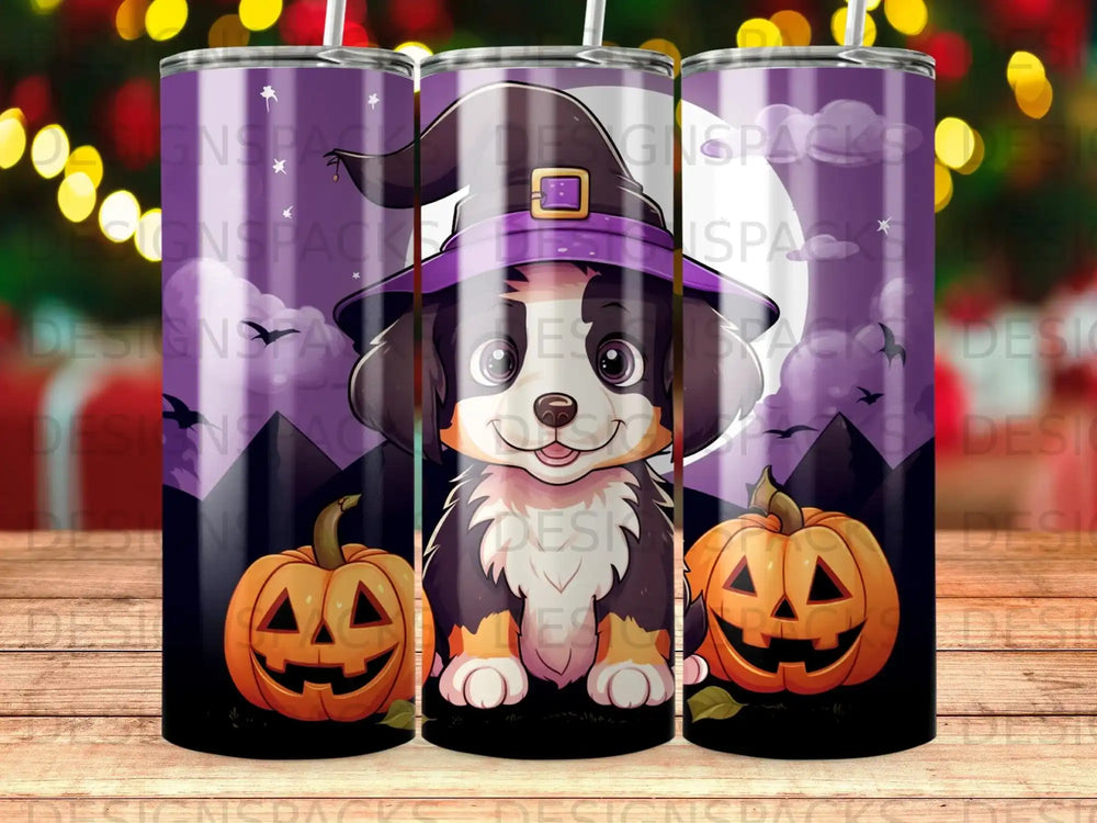 Happy dog in a witch hat with pumpkins, Halloween theme tumbler design.