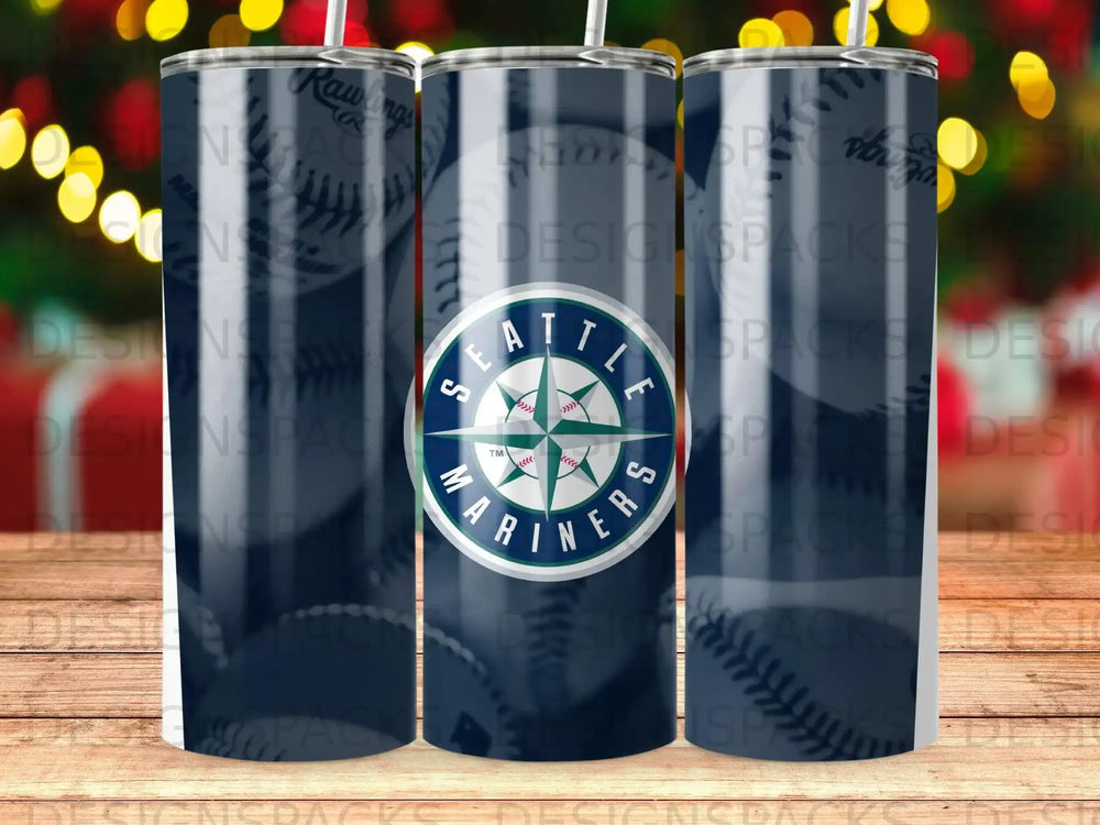 Seattle Mariners logo on a dark blue tumbler with Rawlings baseball bats.