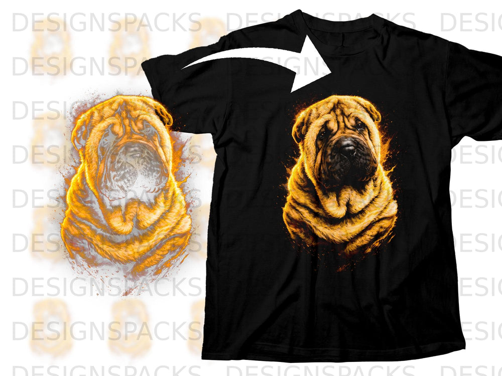 Black t-shirt with a fiery, wrinkled dog face graphic design on the front.