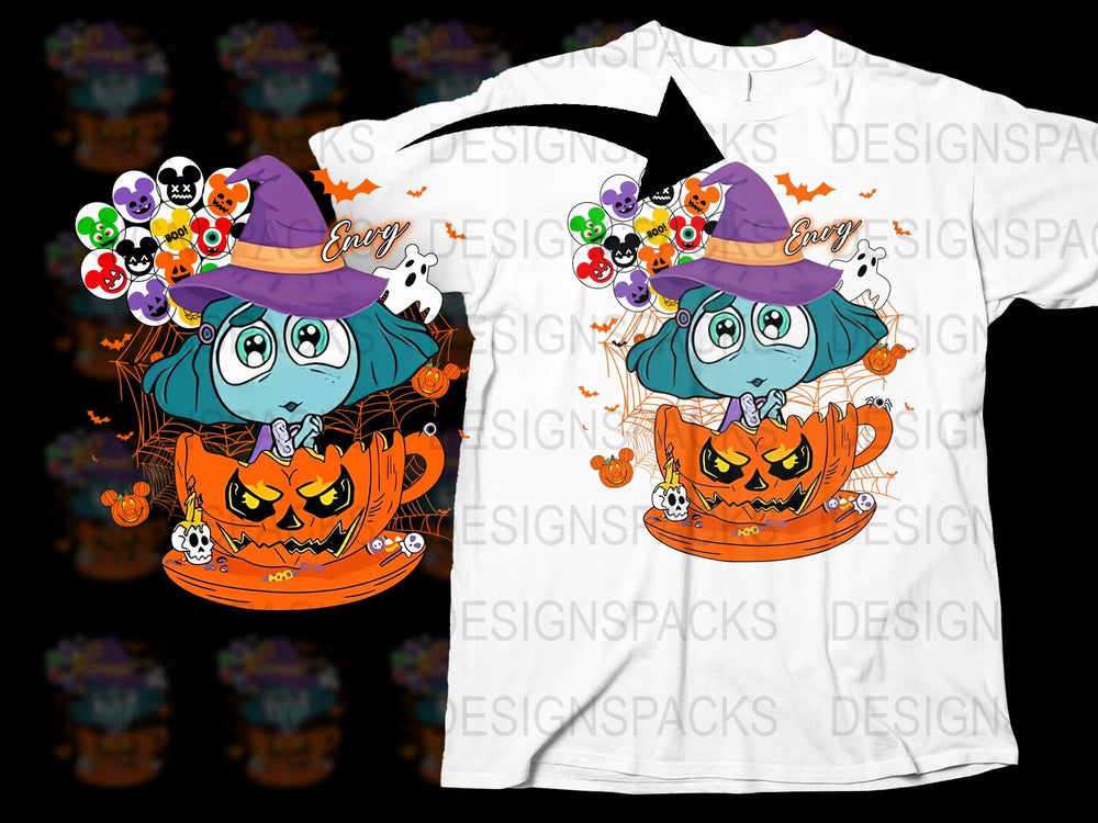 Halloween Witch Cat T-Shirt, Cute Spooky Kitten, Pumpkin Graphic Tee, Full Color, Unisex Kids and Adult Sizes