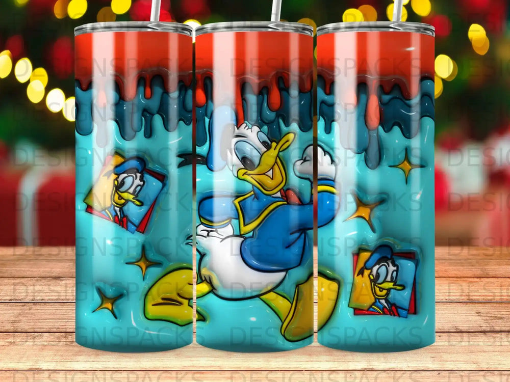 Three tumblers featuring a cartoon illustration of Donald Duck in a running pose.
