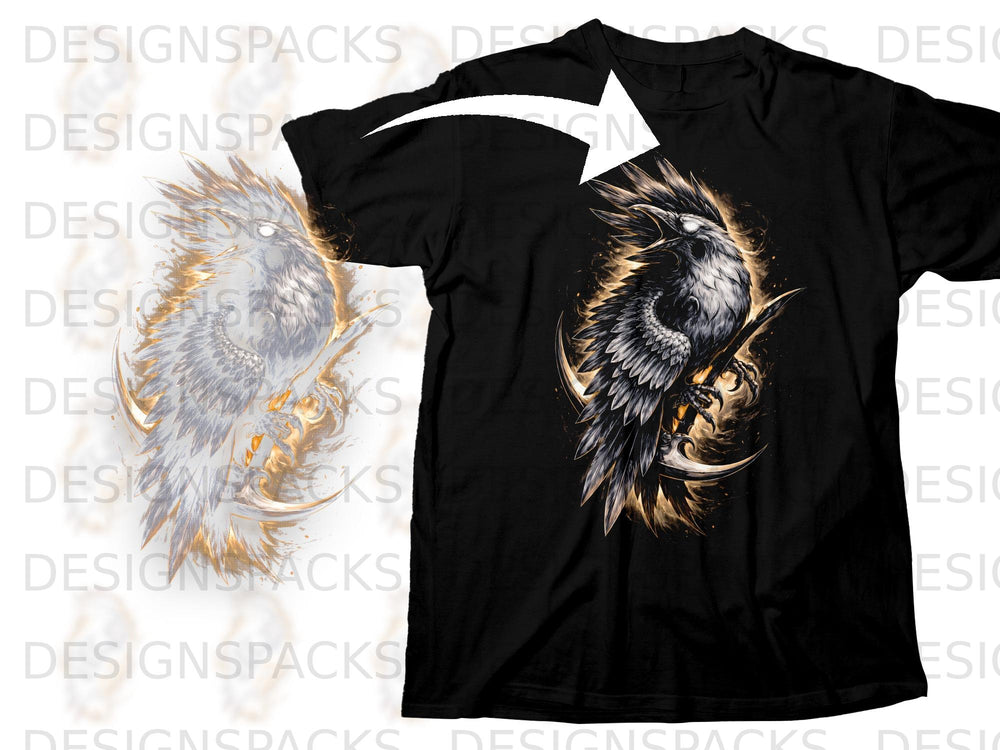 Black t-shirt featuring a detailed graphic of a raven with golden fiery accents.