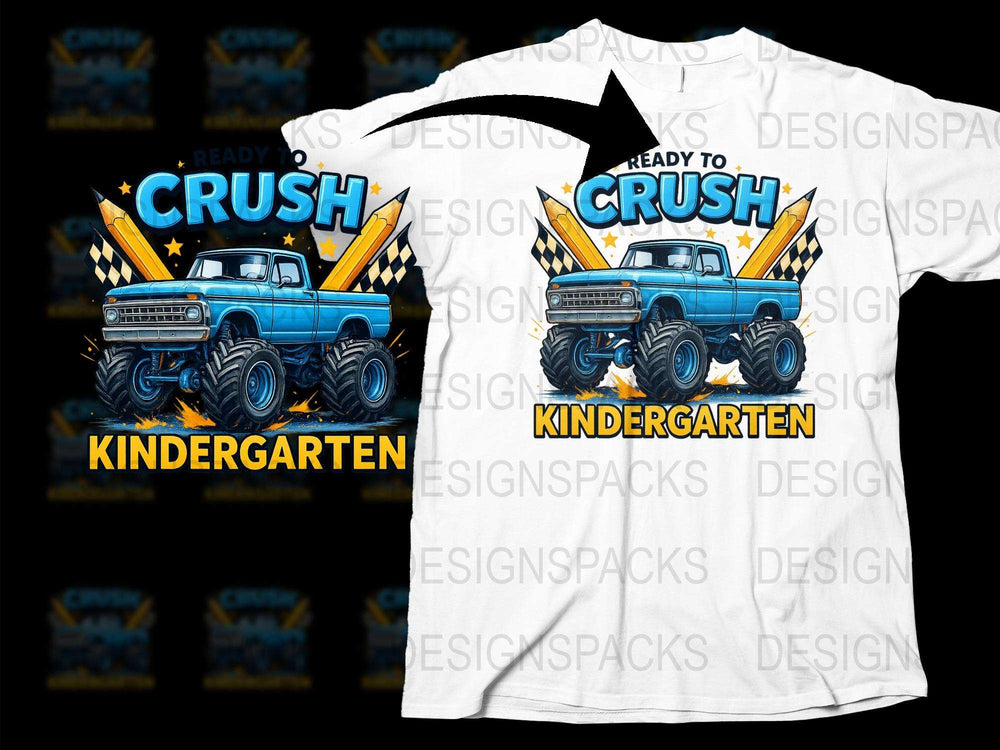 Boys Monster Truck T-Shirt, Ready to Crush Kindergarten, Kids Racing Tee, Graphic School Shirt, Cool Children's Vehicle Apparel