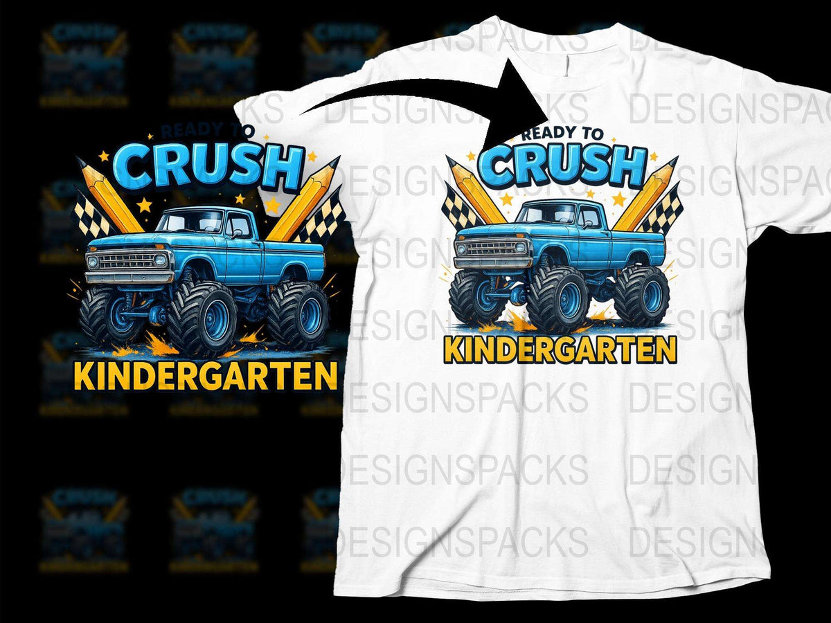 Boys Monster Truck T-Shirt, Ready to Crush Kindergarten, Kids Racing Tee, Graphic School Shirt, Cool Children's Vehicle Apparel