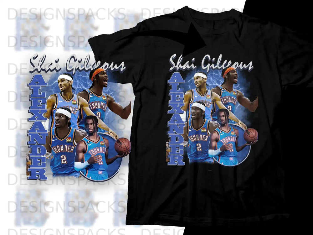 Shai Gilgeous-Alexander with OKC Thunder teammates on black t-shirt.