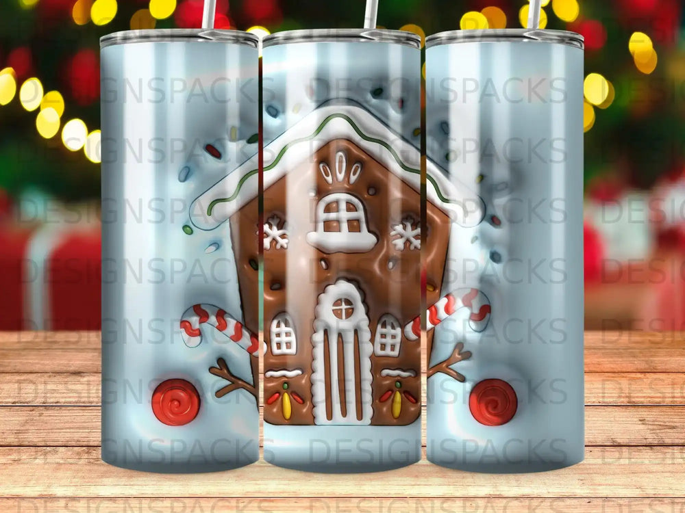 Gingerbread house tumbler with candy cane accents.