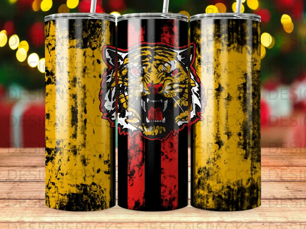 Tiger head logo on distressed yellow and black striped tumbler.