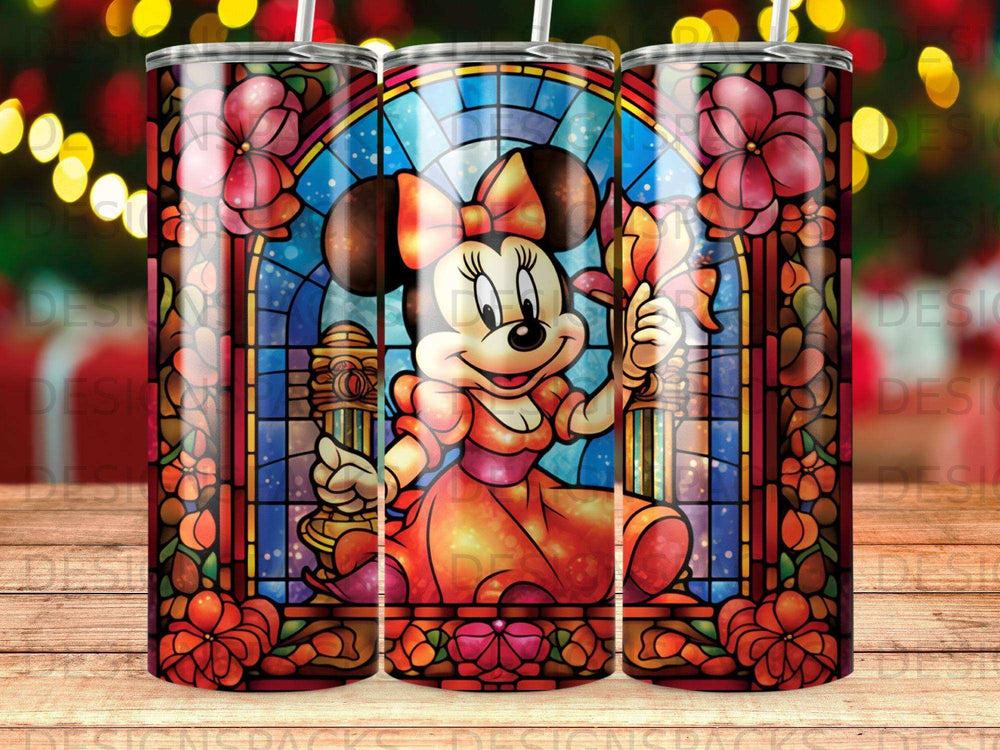 Minnie Mouse in stained glass artwork with floral borders.