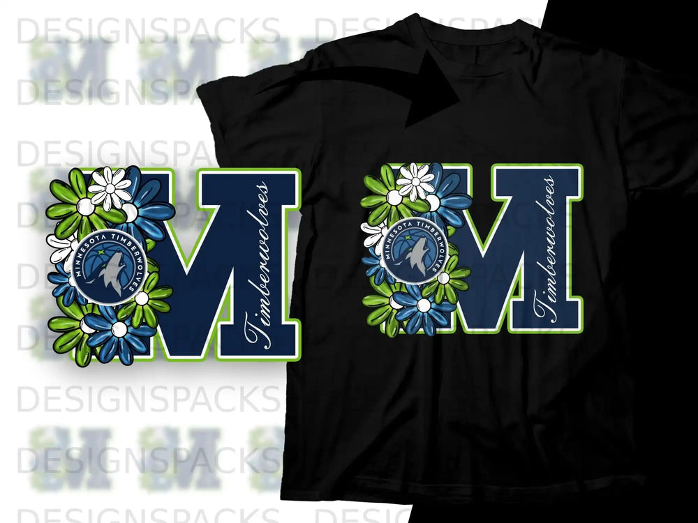 Minnesota Timberwolves logo M with floral accents on black t-shirt.