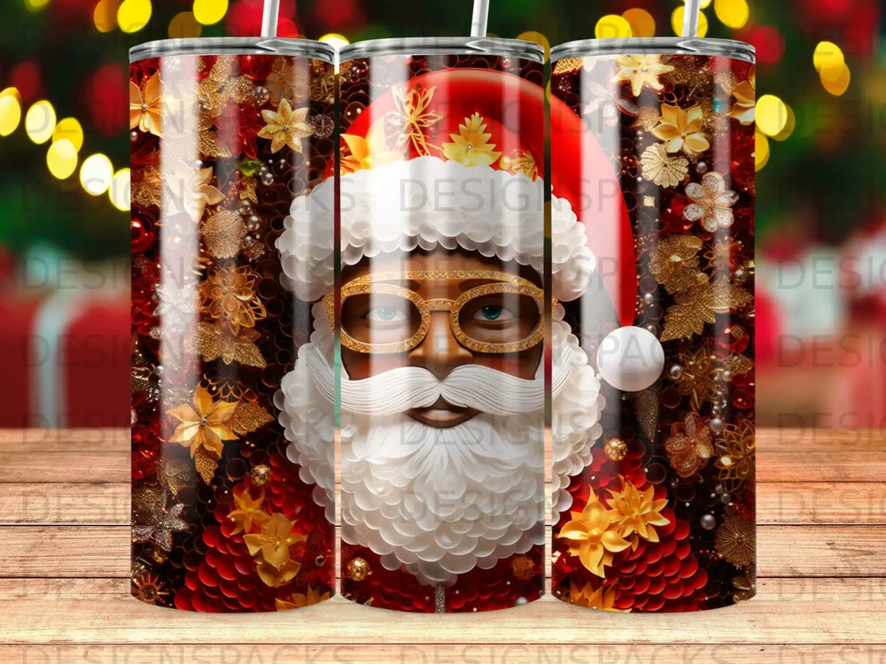 Santa Claus with golden glasses and festive ornaments on a tumbler.