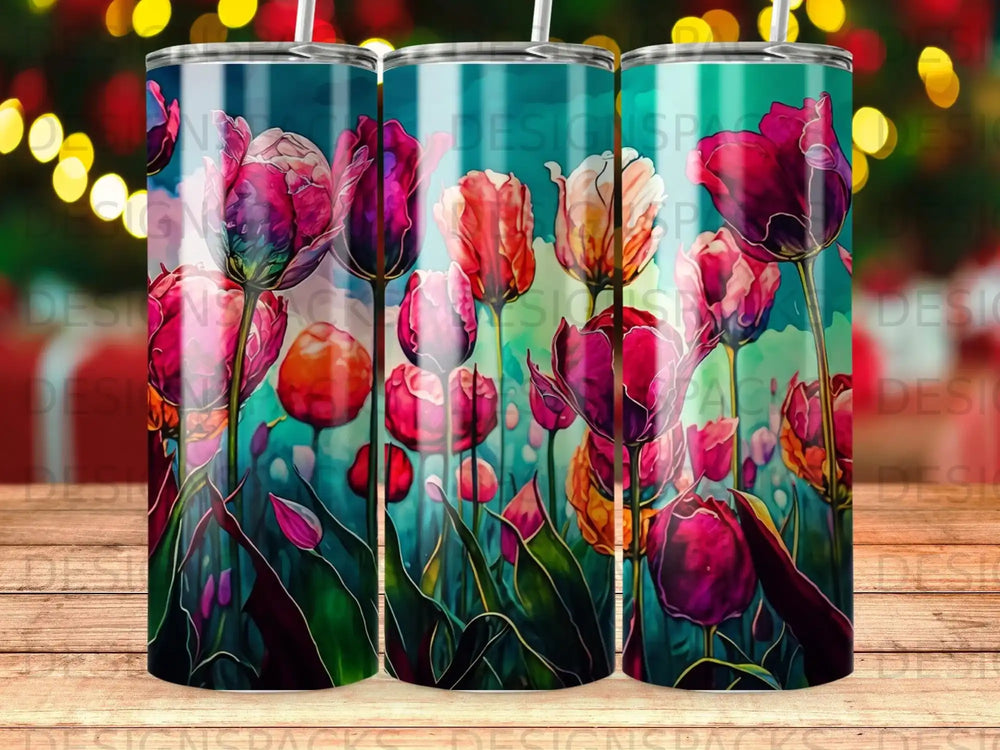 Vibrant watercolor tulips bloom across a blue background, set on a wooden surface.
