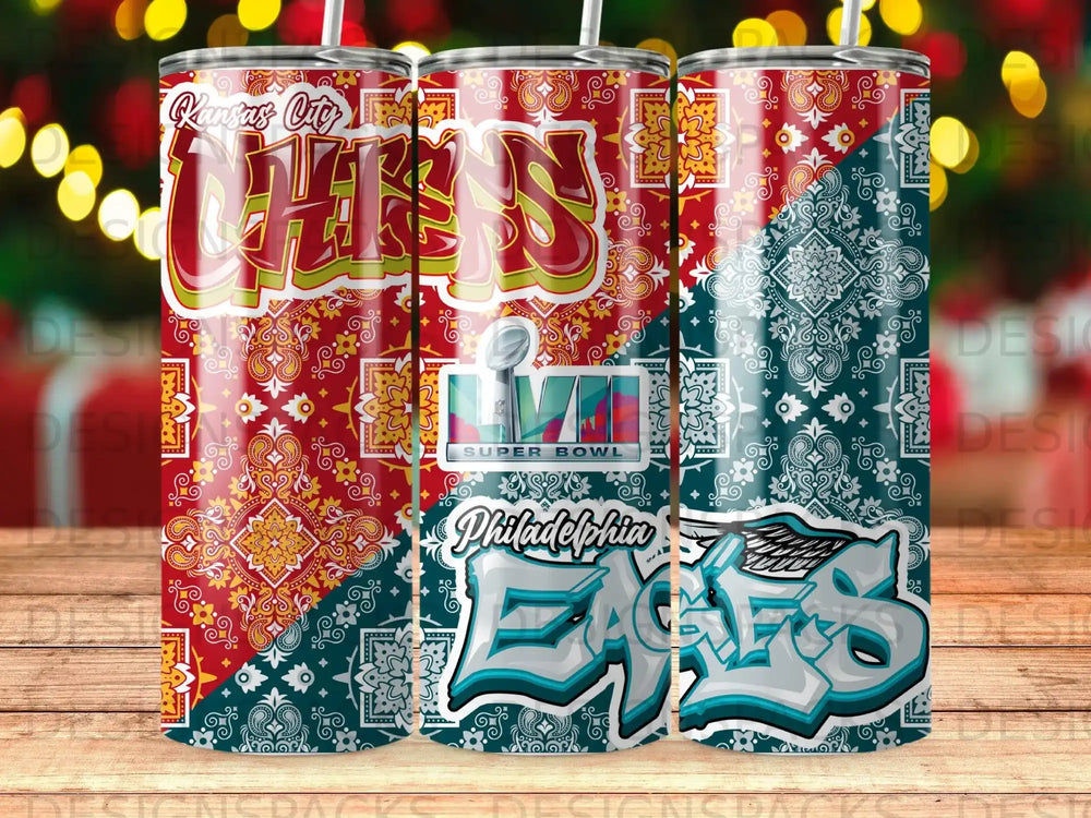 Kansas City Chiefs and Philadelphia Eagles Super Bowl bandana pattern tumbler.