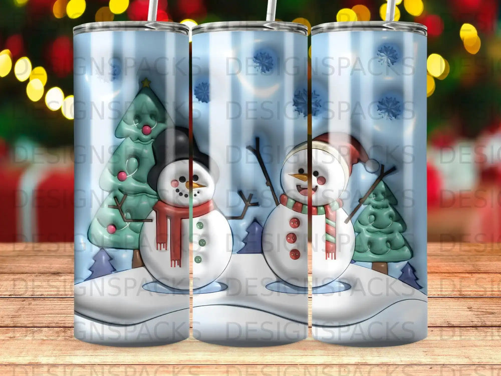 Snowman with red scarf and hat on a blue and white striped tumbler.