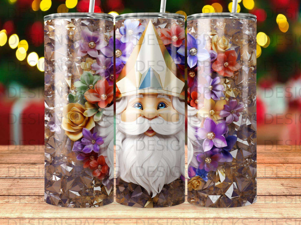 Saint Nicholas with beard and hat surrounded by colorful flowers.