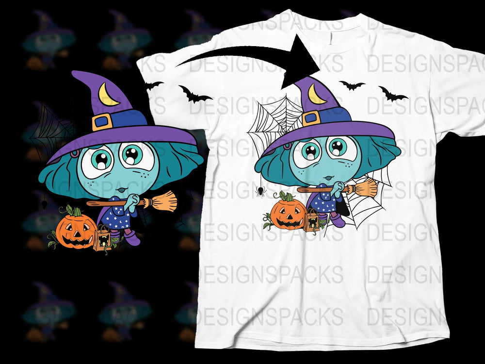 Cute Witch Cartoon T-Shirt, Halloween Kids Tee, Spooky Fun Graphic Shirt, Colorful Witch and Pumpkin Design