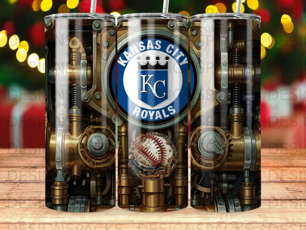 Kansas City Royals logo on a steampunk-themed tumbler with a baseball.