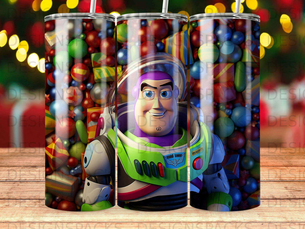 Buzz Lightyear on a tumbler with colorful festive background.