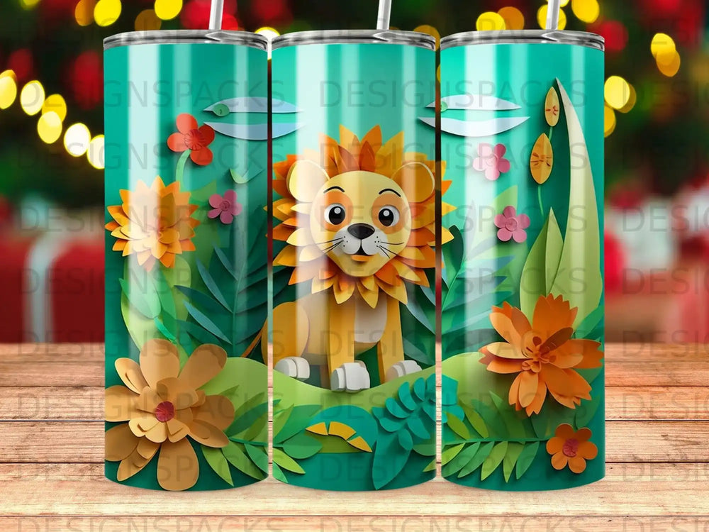 Cartoon lion surrounded by colorful paper flowers and leaves.