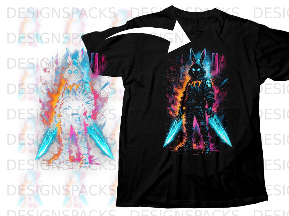Black t-shirt with a graphic of a hooded figure with rabbit ears holding two glowing swords.
