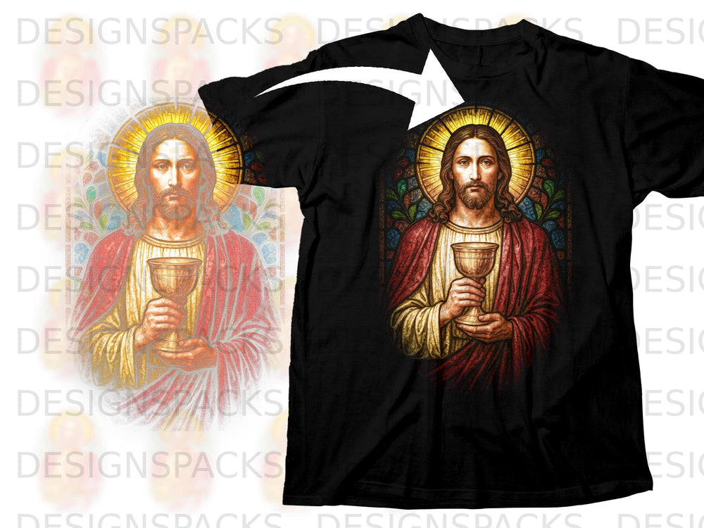 Black t-shirt with stained glass depiction of Jesus holding a chalice.