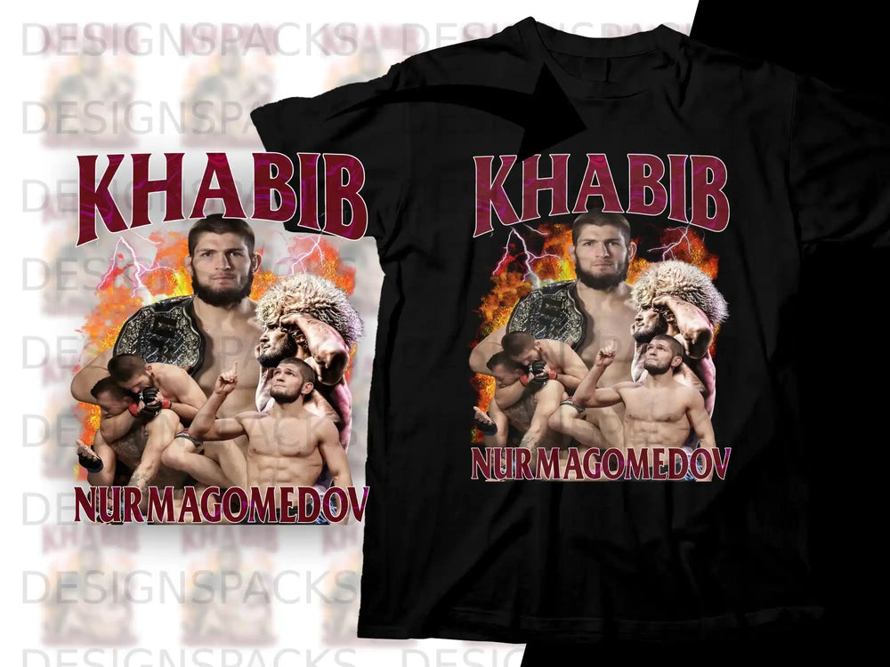 Khabib Nurmagomedov t-shirt design featuring fighter and flames.
