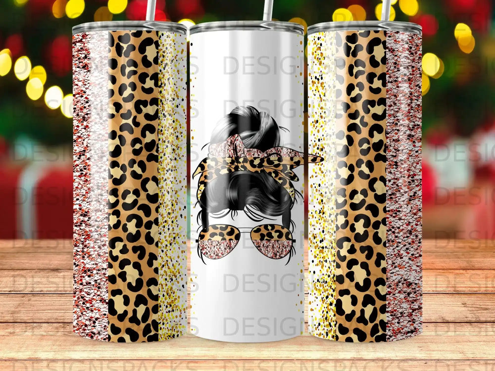 Tumbler with leopard print, glitter, and messy bun design.