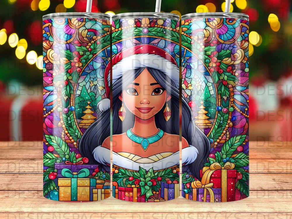 Jasmine wearing a Santa hat, surrounded by stained glass, poinsettias, and gift boxes.
