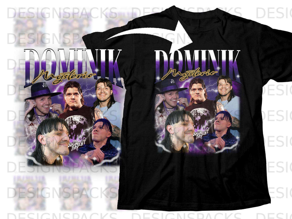 Black t-shirt with Dominick Mysterio and The Judgment Day graphic.