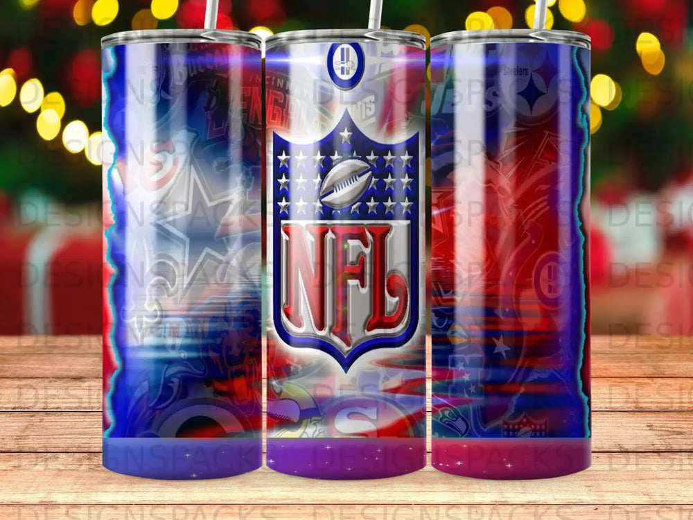 Three tumblers featuring NFL team logos and colors.