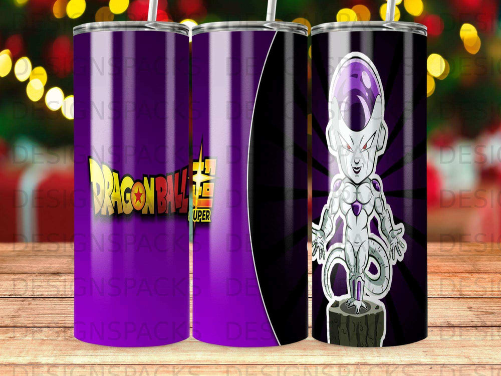Dragon Ball Z Frieza character art on a purple tumbler.
