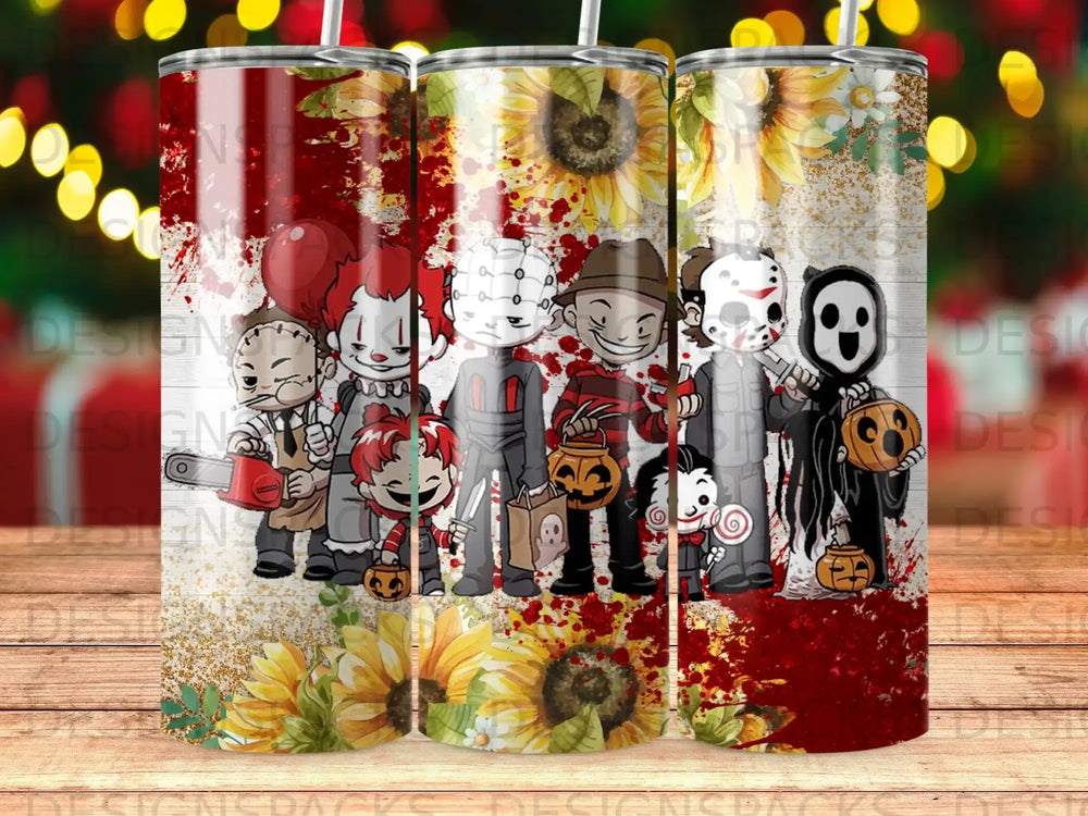 Horror characters with pumpkins on a background of sunflowers and distressed paint.