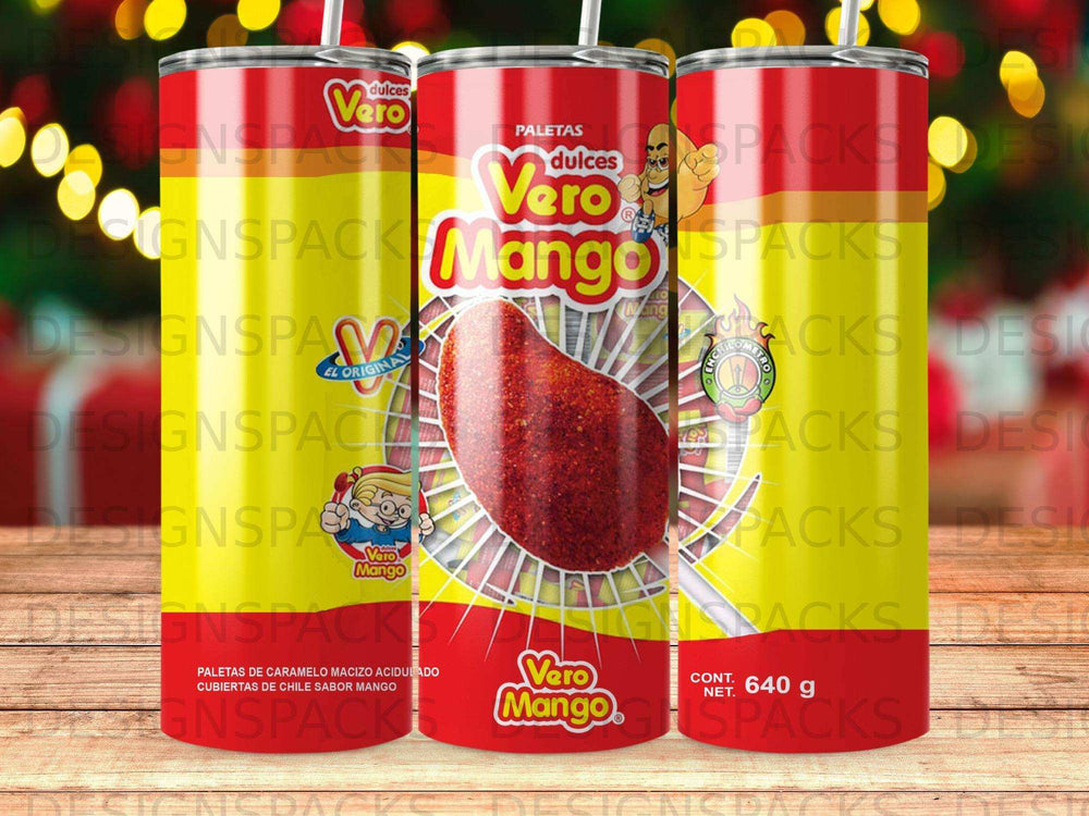 Vero Mango paletas candy packaging with chile flavor and mango, 640g net.