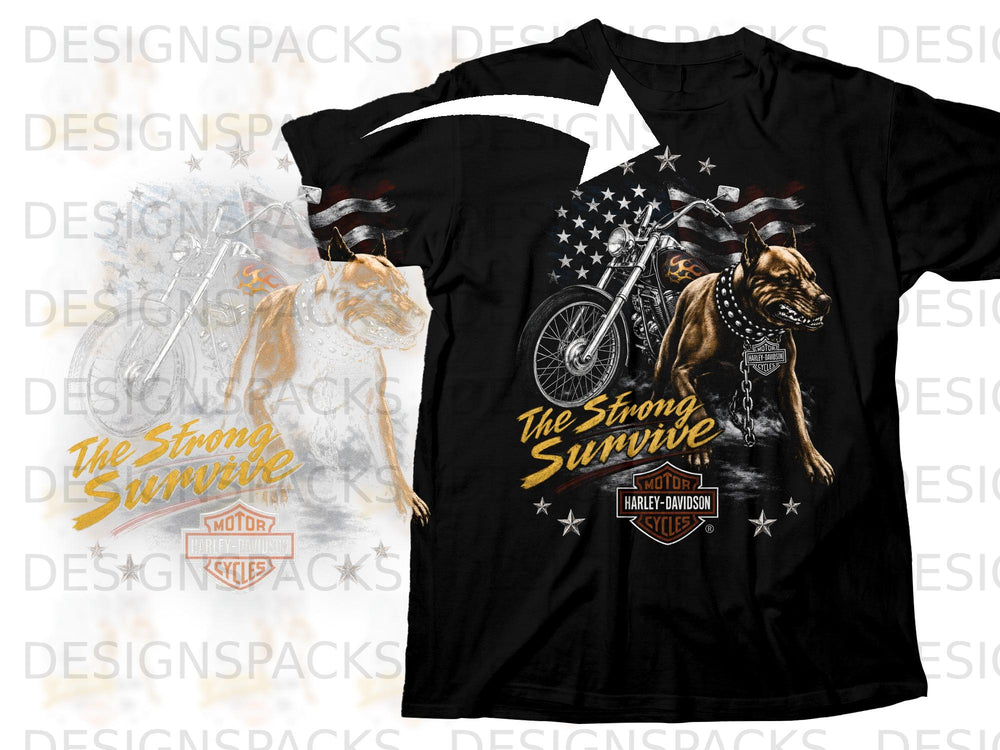 Black t-shirt graphic of a pit bull with a Harley-Davidson emblem and "The Strong Survive" text.