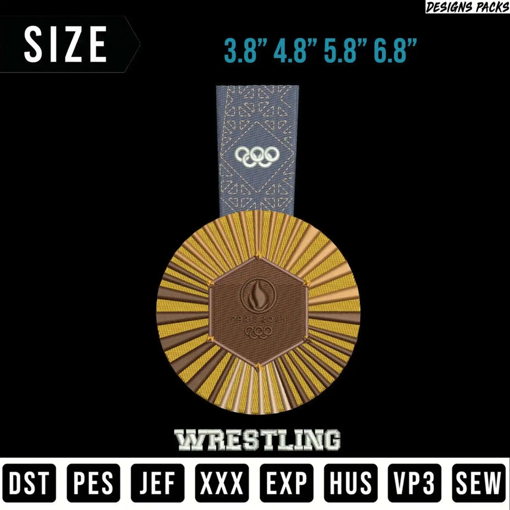 Wrestling medal with sizes and embroidery file formats.