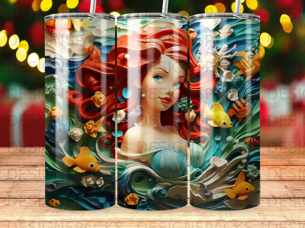Mermaid with red hair surrounded by colorful fish and seashells.