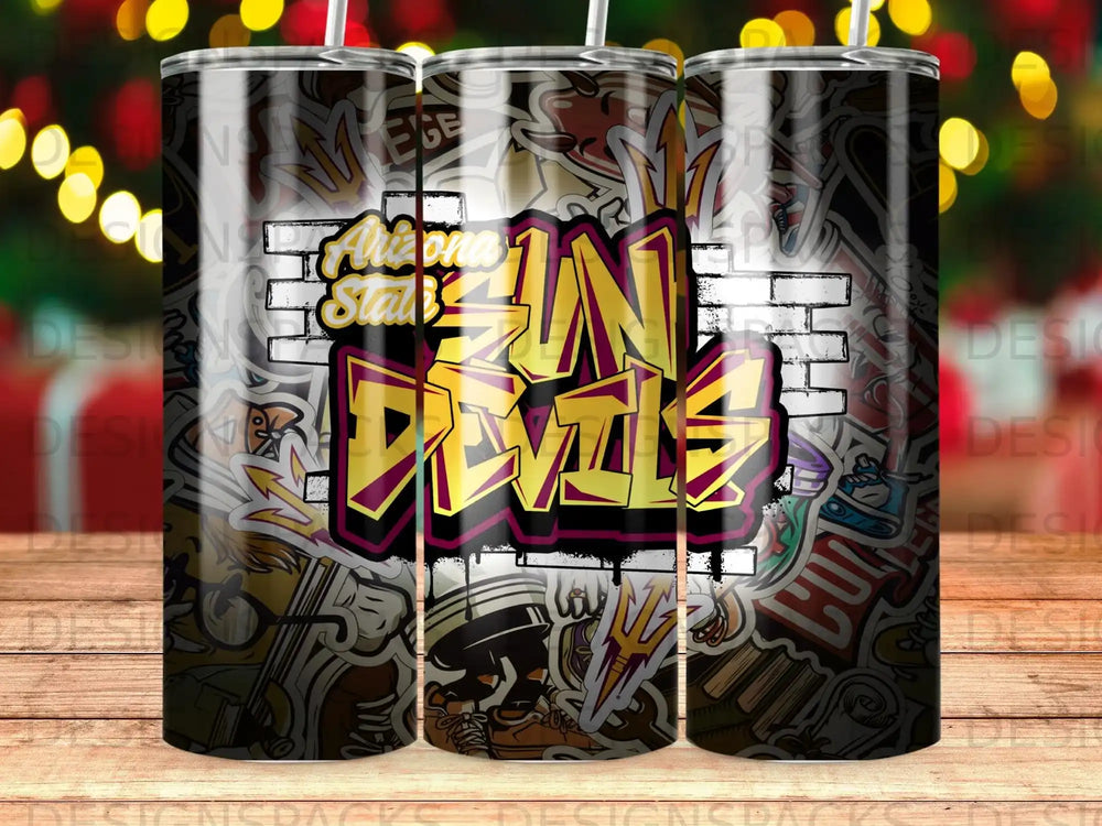 Arizona State Sun Devils logo on a brick pattern tumbler with sticker designs.