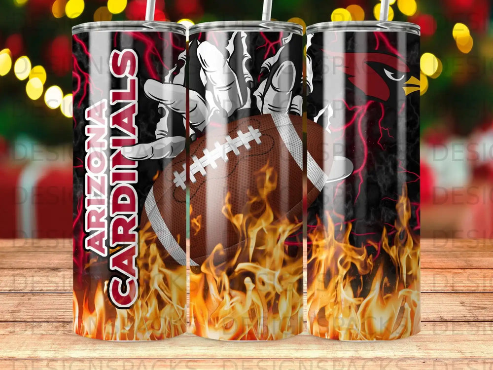 Arizona Cardinals football tumbler with flames and lightning background.