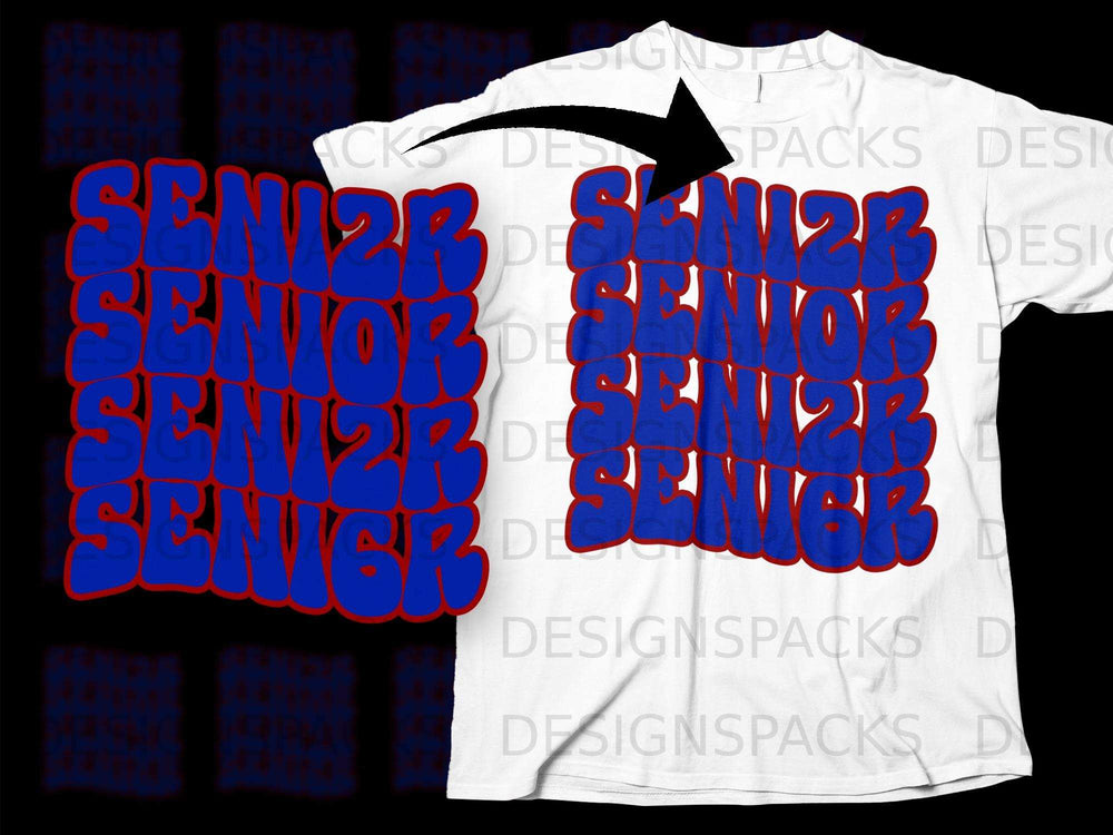 Blue "Senior 2024" text overlay on white t-shirt, shown from front.