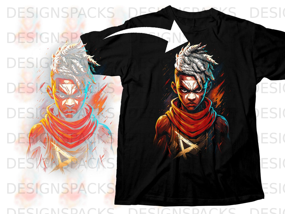 Black t-shirt featuring a stylized warrior with white dreadlocks and red scarf.